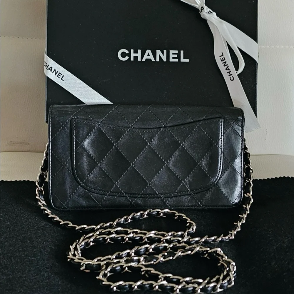 Chanel Classic Wallet on Chain. Black Quilted Lambskin Silver Hardware.